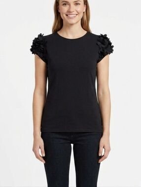 Ted Baker London Size 3 Medium Black 3D Floral Applique Short Sleeve Top